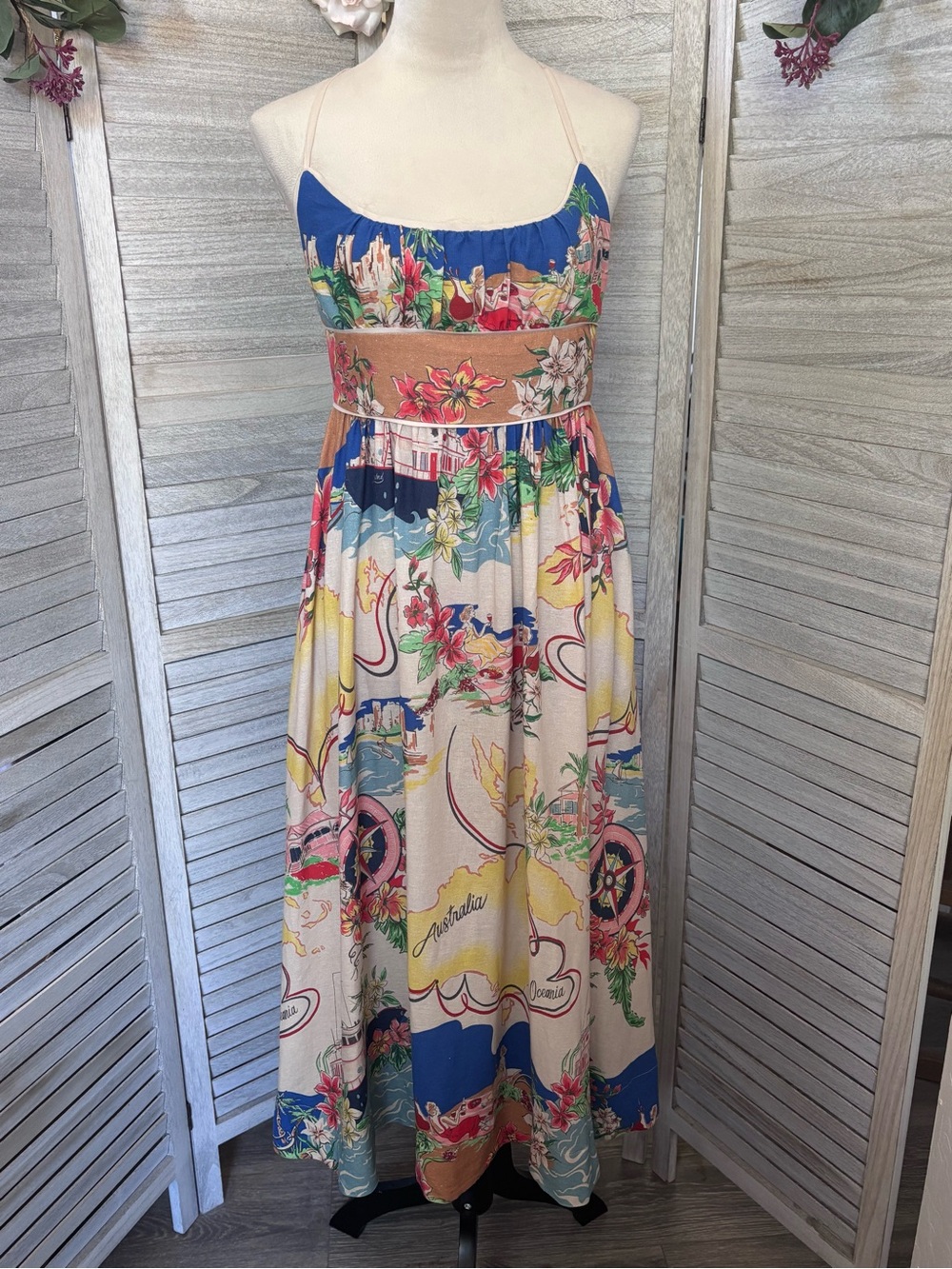 NAUTICAL MAP Christian LaCroix Linen PICNIC Oceanic Midi Sun Dress Women’s SZ SM